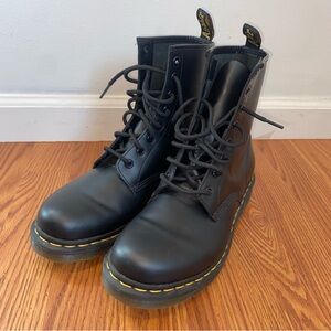 Dr. Martens 1460 Black Leather Lace-Up Combat Boots with Yellow Stitching